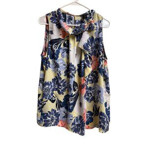 Ann Taylor Factory Floral Sleeveless Blouse Tie Neck Top Large Blue Yellow